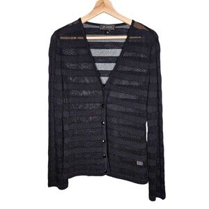 ST. JOHN Black Striped Cardigan Sweater S Semi Sheer V-Neck Lightweight Classic